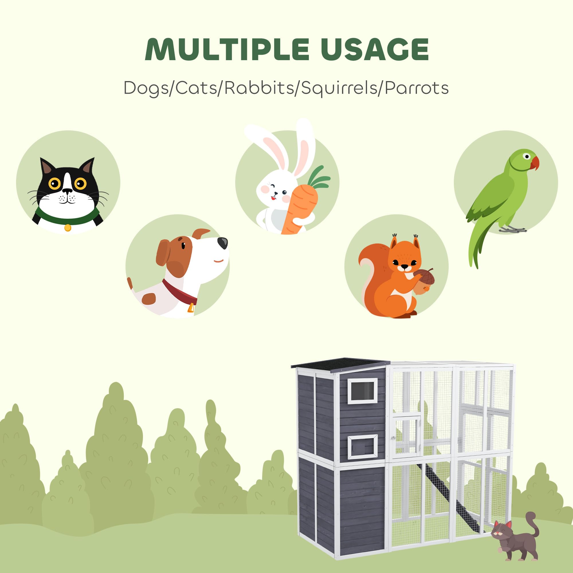 Pawhut Catio Outdoor Cat Enclosure, Wooden Cat Patio With Platforms, Waterproof Asphalt Roof, Ramps, 77 L, Light Gray
